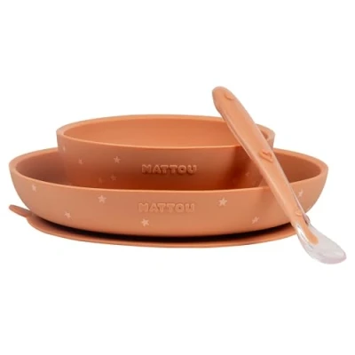 Afbeelding van Nattou Siliconen servies voor kinderen, 3 stuks, 1 lepel, plat bord, soepbord, antislip, BPA vrij, siliconen, terracotta