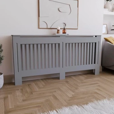 Afbeelding van Vida Designs Chelsea Radiatorafdekking, modern lattenroosterontwerp, grijs geverfde MDF kast, extra groot, (H: 82 / B: 172 D: 19cm)
