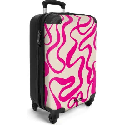 Afbeelding van NoBoringSuitcases.com® Handbagage koffer lichtgewicht Reiskoffer trolley Beige met roze abstracte lijnen Rolkoffer wieltjes Past binnen 55x40x20 en 55x35x25