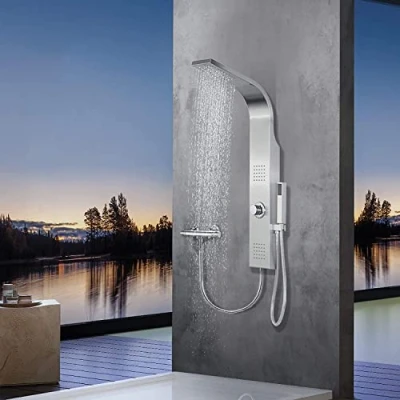 Afbeelding van Elbe® douchepaneel zonder kraan met 3 functies, douchesysteem in geborsteld roestvrij staal 304, 2 x massagestralen, regendouche en handdouche