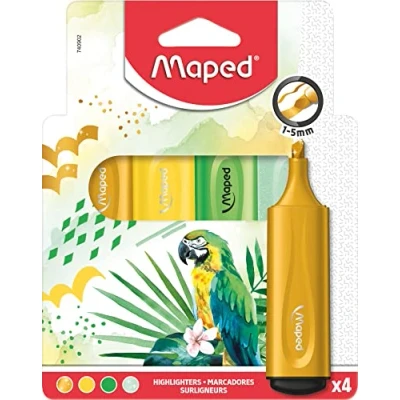 Afbeelding van Maped Extra zachte, flexibele markeerstiften FLUO PEPS THEMEN x4 perfect markeringsresultaat, ook op oneffen oppervlakken Clip de dop 3 verschillende thema&#039;s: Ocean, Tropical, Sunset
