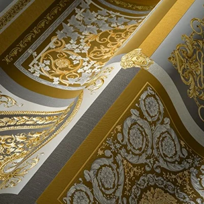 Afbeelding van &quot;MEDUSA HOOFD&quot; SATIJN GLANZEND BAROK BEHANG Design grijs zilver goud A.S. Création Versace 5