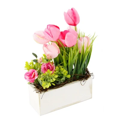 Afbeelding van my home Takken Tulpen wilde rozen en gras In pot, van hout, bloemdecoratie (1 stuk)