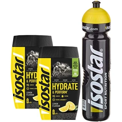 Afbeelding van Isostar Hydrate &amp; Perform Citroen 2 x 400 g poeder delige aanbiedingsverpakking + originele 1000 ml drinkfles