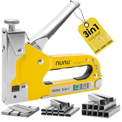 Afbeelding van NUNU 3 in 1 Handtacker, Set met 3.000 nieten en brads, Tacker voor hout, textiel folies, instelbare slagkracht ergonomisch ontwerp