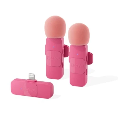 Afbeelding van BOYA by V2 Draadloze lavalier microfoon voor iPhone iPad, dubbele condensatormicrofoon met kogelkarakteristiek video opnames, Podcast, YouTube, TikTok Facebook, plug play microfoon, roze