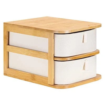 Afbeelding van Navaris dubbele opberglade Voor make up 23 x 17,5 15 cm organizer van bamboe en stof de badkamer of tafel