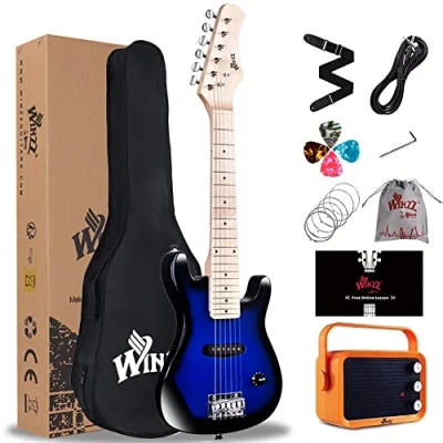 Afbeelding van Winzz 30 Inch Kids Elektrische Gitaar Beginner Kit, Junior 1/4 Size Mini voor Kinderen met Versterker, Mooie Chritsmas Geschenken Glanzend Blauw