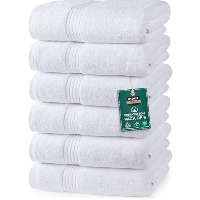 Afbeelding van Utopia Towels 6 Pak Premium Handdoeken Set, (41 x 71 CM) 100% Ringgesponnen Katoen, Lichtgewicht en Zeer Absorberend voor Badkamer, Reizen, Kamp, Hotel Spa (Wit)