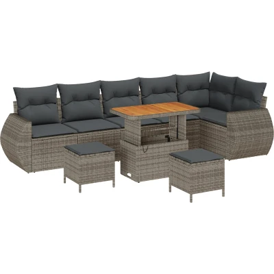 Afbeelding van vidaXL 9 Delige Tuin Sofa Set met Kussens Grijs Poly Rattan Acacia, 3 Eet Acacia
