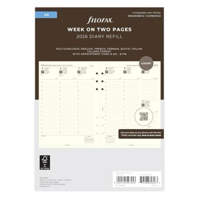 Afbeelding van Filofax A5 week op twee pagina&#039;s kolomformaat 5 taal katoen crème 2026 dagboek 26 68513