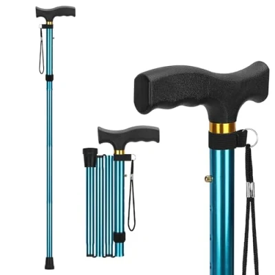 Afbeelding van supregear Opvouwbare Wandelstok, Lichtgewicht 5 Niveaus Verstelbare Stok met Polsband en T Handvat, Reiswandelstok voor Ouderen Gehandicapte Mannen Vrouwen, Balanceringshulpmiddel