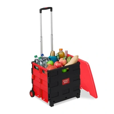 Afbeelding van Relaxdays boodschappentrolley met deksel inklapbaar vouwkrat 2 wielen kunststof rood