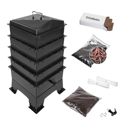 Afbeelding van Billiebin Starter Set Wormenhotel 64L 4 etages incl. compostwormen startsubstraat + kokosblok accessoires wormenboerderij wormenbak (zwart)