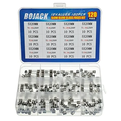 Afbeelding van BOJACK 12 Waarden 120 stks Trage glaszekeringen Assortiment Kit 5x20mm 250V T0.5A 1A 1.25A 1.6A 2A 2.5A 3A 3.15A 4A 5A 6.3A 10A packag in een Doorzichtige Plastic Doos