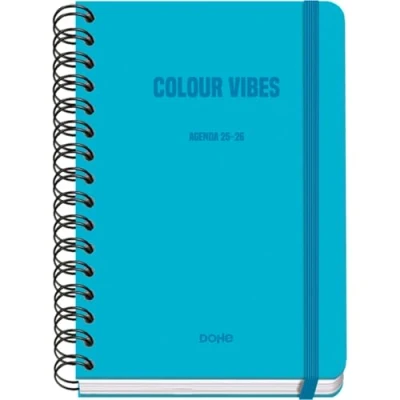 Afbeelding van Dohe Schoolagenda 2025 2026 Weekoverzicht, Formaat A5 (15x21 cm), Spaans en Engels, Dubbele Spiraalbinding Elastieksluiting, Harde Kaft, 4 Stickervellen COLOUR VIBES Cyaan