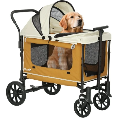 Afbeelding van PawHut Hundewagen Hundebuggy klappbar für Hunde &amp; Katzen bis 30 kg Katzenbuggy mit Kissen Netzfenstern 2 Türen Aufbewahrungstasche Katzenwagen Buggy Braun