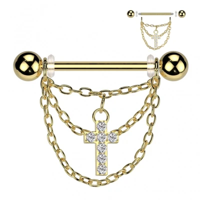 Afbeelding van Piercing ketting met kruis hanger goud