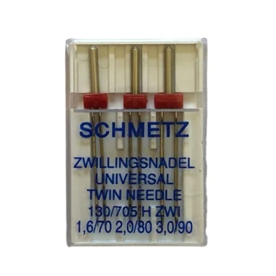 Afbeelding van SCHMETZ Naaimachinenaalden 3 dubbele universele naalden 1,6/70 2,0/80 3,0/90 130/705 H ZWI SORT. Te gebruiken op alle naaimachines met zigzagfunctie