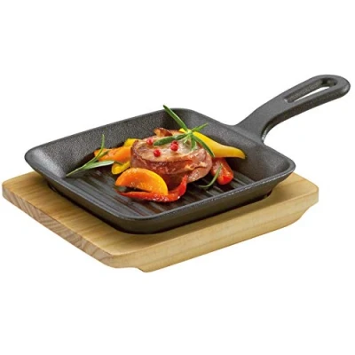 Afbeelding van Küchenprofi BBQ grill en serveerpan met houten onderzetter, voor het koken, grillen serveren, geschikt barbecue, oven alle warmtebronnen, 23 x 13,5 5,5 cm, warmte isolerend