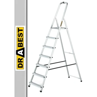 Afbeelding van DRABEST Aluminium Ladder 7 Staps Trapladder Inklapbare Huishoudtrap Met Werkblad Belastbaar Tot 125 Kg Vrije Haak