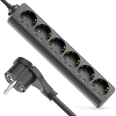 Afbeelding van deleyCON Verlengdozen Stekkerdoos met 6 Compartimenten en Platte Stekker voor Gebruik Binnenshuis Kabel van 5m Robuuste Kunststof Behuizing Zwart