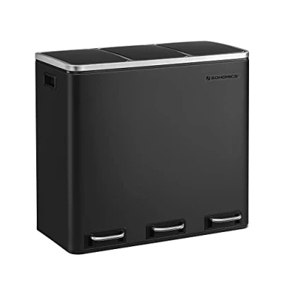Afbeelding van SONGMICS Keukenafvalemmer, afvalscheidingssysteem, 3 x 18L, pedaalemmer met compartimenten, afvalemmer, softclose, voetpedalen, kunststof binnenemmers en handgrepen, zwart LTB54BK