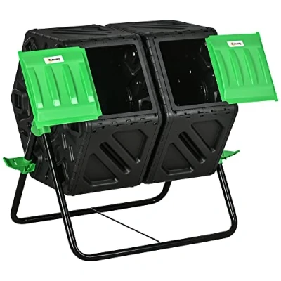 Afbeelding van Outsunny Tuincompostbak, compostbak voor afval, 360 draaibaar, dubbele kamer, 130 l, PP staal, zwart