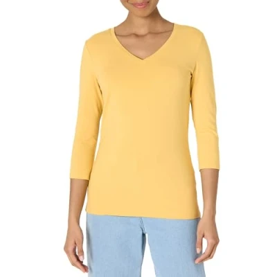 Afbeelding van Amazon Essentials Women&#039;s T shirt met driekwartmouwen en V hals in klassieke pasvorm (verkrijgbaar grote maten), Donkergeel, XXL