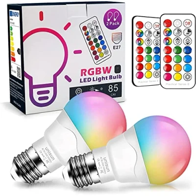 Afbeelding van Unisun E27 led gloeilamp met wisselende kleuren, dimbaar, equivalent aan 40 W, 2700 K RGB schroefgloeilampen afstandsbediening, warmwitte energiebesparende nachtlamp (verpakking van 2 stuks)