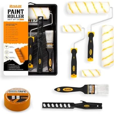 Afbeelding van Raulde Paint Roller Kit of 10 Pcs Includes a Tray, Brush, Large and Mini Rollers &amp; Sleeves, Repellent Masking Tape, Mixer Set for Painting Walls