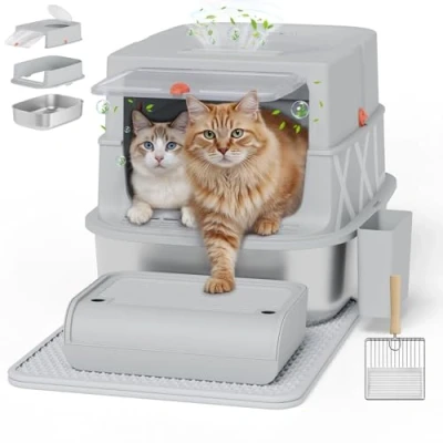 Afbeelding van Roestvrijstalen kattenbak met deksel, ingesloten XXL hoogzijdige kattenbak, afneembaar lekvrij en geurvrij ontwerp, gemakkelijk schoon te maken inclusief schep, opstap mat, 60 x