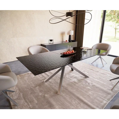 Afbeelding van DELIFE Eetkamertafel Edge 180 220x100 Glas smelten rokerig zwart 3D Relief kruisframe rechthoek RVS uitschuifbaar