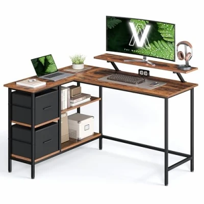 Afbeelding van VASAGLE L vormig bureau, 2 ruime lades, computerbureau met monitorstandaard, hoekbureau, speeltafel verstelbare plank 135 x 105 cm vintage bruin LWD098B01