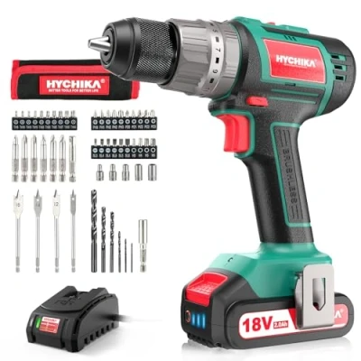Afbeelding van Draadloze Hamerboor, HYCHIKA 18V 60 N.m. Borstelloze Elektrische Boormachine met 2 * 2Ah Li ionenbatterij, 21+3 Torsie instelling, Instelbaar op Snelheden, 53PCS Toebehoren