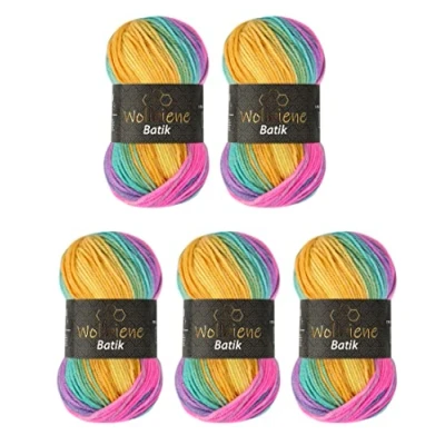 Afbeelding van Wollbiene Batik 5 x 100 g wol met kleurverloop, meerkleurig, kleur: 2080 geel, grijs, roze