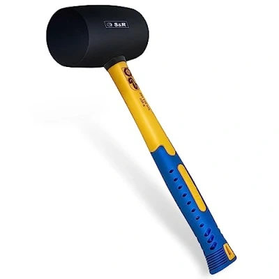 Afbeelding van S&amp;R Rubberen hamer, zwart, 230 g, van natuurlijk rubber met antislip schokabsorberende glasvezelsteel, diameter = 45 mm, beschermende hamer voor buitenwerk, bijv. straatstenen, klinkers, tegels,