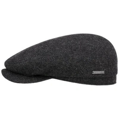 Afbeelding van Stetson Belfast Flatcap platte pet voor heren met wol herringbone binnenvoering (katoen) wollen herfst/winter pet, zwart grijs, 62