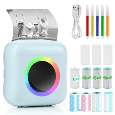 Afbeelding van GuKKK mini printer, mobiele fotoprinter, draagbare draadloze thermische met 11 rollen printerpapier en 5 kleurpotloden, smartphone bluetooth voor