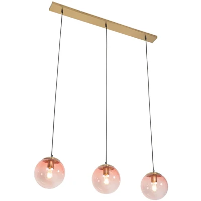 Afbeelding van QAZQA Art deco hanglamp messing met roze glas 3 lichts Pallon