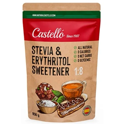 Afbeelding van Zoetstof Stevia + Erythritol 1:8 1g = 8g suiker 100% Natuurlijke Suikervervanger 0 Calorieën Glycemische Index Keto en Paleo Netto Koolhydraten Non GMO Castello since 1907 850 g