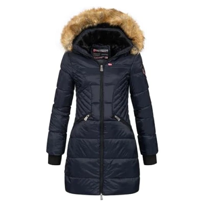Afbeelding van Geographical Norway Abeille Lady Distribrands warme parka voor dames dikke jas imitatiebont capuchon winter windjack lange donsjas voering (marineblauw, marineblauw, L