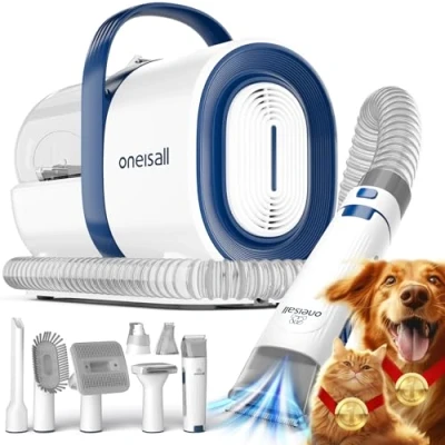 Afbeelding van oneisall hondentondeuse met stofzuiger, 7 in 1 professionele huisdierverzorgingsset, stille scheermachine voor hond en kat, dierenhaarverwijderaar (1,4 l, blauw)