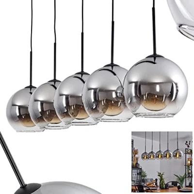 Afbeelding van Koyoto hanglamp, metaal/glas hanglamp in zwart/chroom/helder, 5 lamps lamp vintage/retro design met glazen kappen (Ø 20 cm), max. hoogte 152,5 cm, x E27, zonder gloeilamp