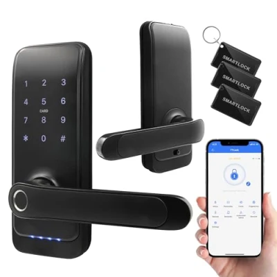 Afbeelding van EURA ELH 01H4 Slim deurslot met handgreep, codeslot, 13,56 MHz naderingslezer, biometrische lezer, app TTLock/TTHotel, IP65, universele vergrendelafstand, zwart