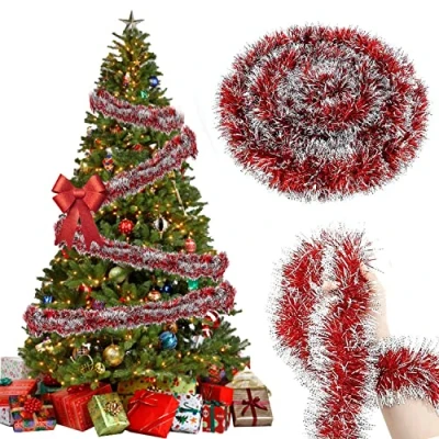 Afbeelding van Kaiyingxin Kerstboom lametta slinger, rood, 10 m, kerstdecoratie, kerstboomversiering, kerstslinger, boomversiering, rood