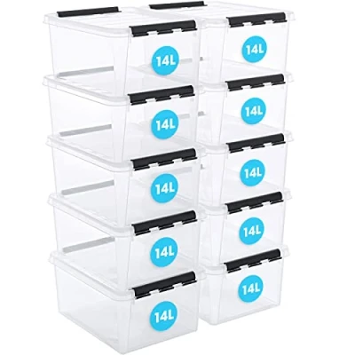 Afbeelding van SmartStore 14L doorzichtige plastic opbergdozen met deksel, 10 stuks, versterkt, jaar garantie, voedselveilig, clip vergrendeld, stapelbaar en nestbaar, BPA vrij L40 x B30 H18 cm