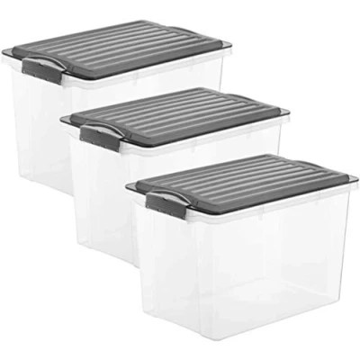 Afbeelding van Rotho, Compact, Set van 3 opbergboxen 19l met deksel, Kunststof (PP) BPA vrij, antraciet/transparant, x (40,0 28,0 34,4 cm)