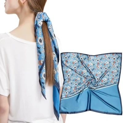 Afbeelding van MEANBEAUTY 27,5 inch Vierkante Zijde Zoals Hoofd Sjaal voor Vrouwen Satijn Bandana Sjaals Nek Haar Wrapping &#039;s Nachts, Blauwe Bloem Stikken, 70