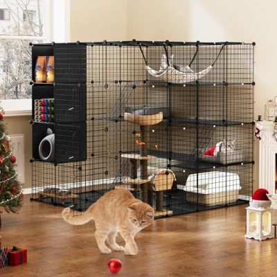 Afbeelding van YITAHOME grote kattenkooi met opbergkubus, doe het zelf indoor Catio kattenverblijf, metalen kattenbox hangmat voor 1 4 katten, niveaus kattenhok konijntje, chinchilla, zwart,